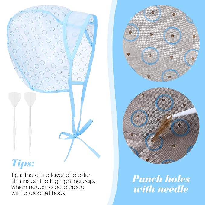2Pcs Frosting Caps for Highlighting Hair, Blue Highlighting Cap with Plastic Crochet Hook, Highlights Hair Dye Caps Kit for DIY Hairs Coloring, Frosting & Highlights, Salon and Home Use