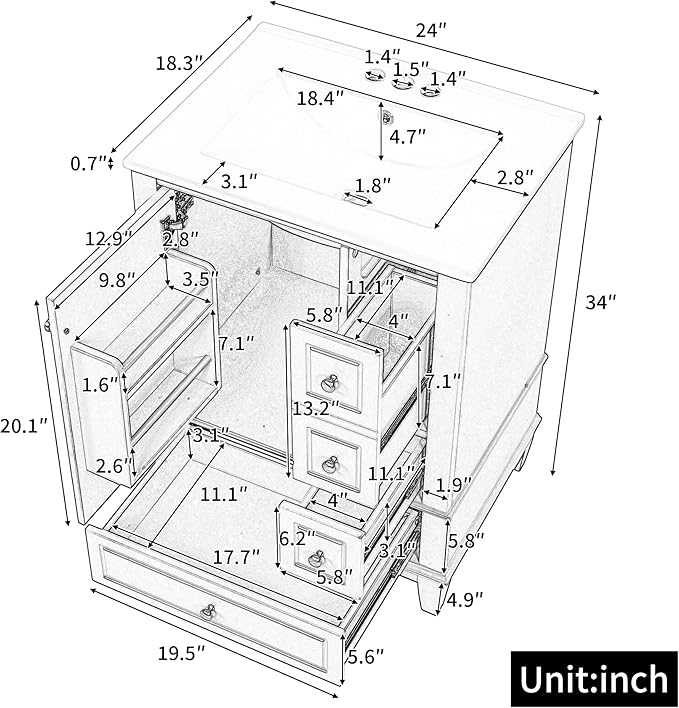 24" Bathroom Vanity with Sink, Harper & Bright Designs Free Standing Single Vanity Set with 3 Drawers and One Door with Storage Racks, Solid Wood Storage Cabinet with Ceramic Basin for Bathroom, White