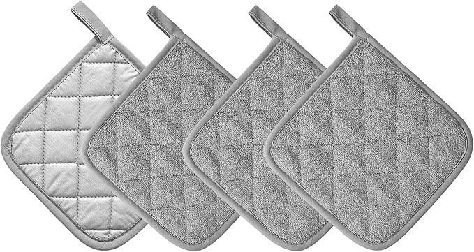 Kitchen Pot Holders Set Heat Resistant Pure Cotton Potholders Kit Trivets Large Coasters Hot Pads Terry Pot Holders for Everyday Cooking and Baking by 7 x 7 Inch Set of 4 Grey