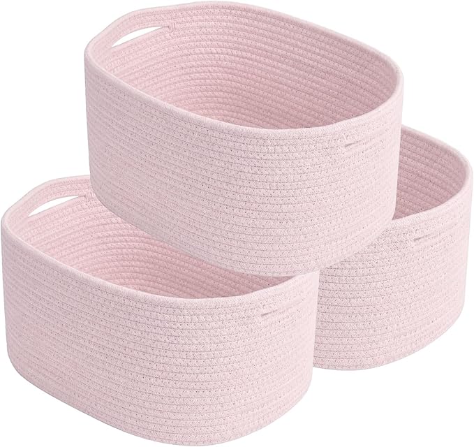 Cotton Rope Storage Basket, 15x10x9 Inches, Woven Basket for Shelves, Clothes, Towels, Books, and Laundry, Light Pink (3 Pack)