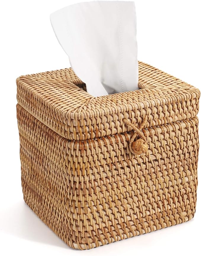 Rattan Square Tissue Box Cover, 5.7" x 5.7" x 5", Decorative Woven Facial Tissue Holder with Hinged Top Lid, Natural Color