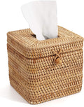 Rattan Square Tissue Box Cover, 5.7" x 5.7" x 5", Decorative Woven Facial Tissue Holder with Hinged Top Lid, Natural Color