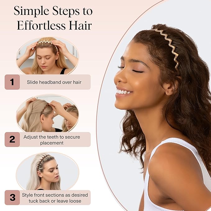 Kitsch Zig Zag Headbands for Women Non Slip – Fashion Accessories for Slicked Back Styles - Comfortable Comb Headband with Teeth | Ideal Gifts for Women - Neutral - 2 pcs