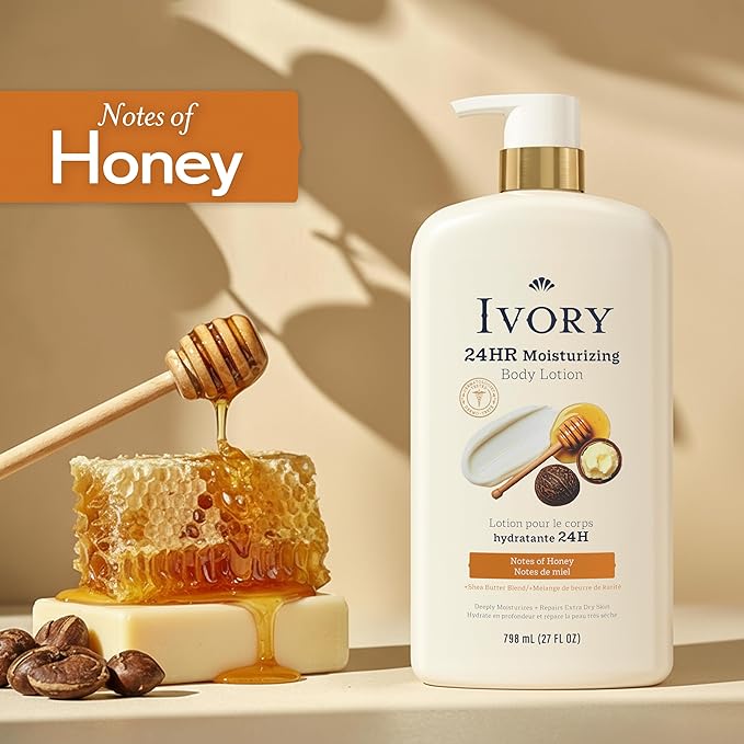 Ivory Hand & Body Lotion, 24hr Moisturizing, Repairs Extra Dry Skin, All Day Hydration, Lightweight Formula, Absorbs Instantly, Perfect for Daily Use, Shea Butter Blend, Honey Scent, 27 fl oz