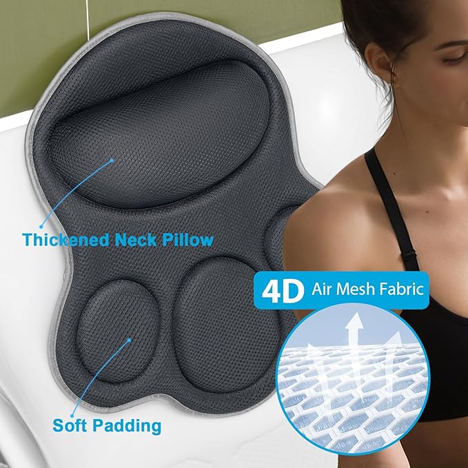 Bath Pillows for Tub Neck and Back Support - Upgraded Non-Slip Rubber Backing & 6 Suction Cups, 4D Air Mesh Spa Bathtub Cushion for Head Rest, Machine Washable with Laundry Bag & Hook (Gray)