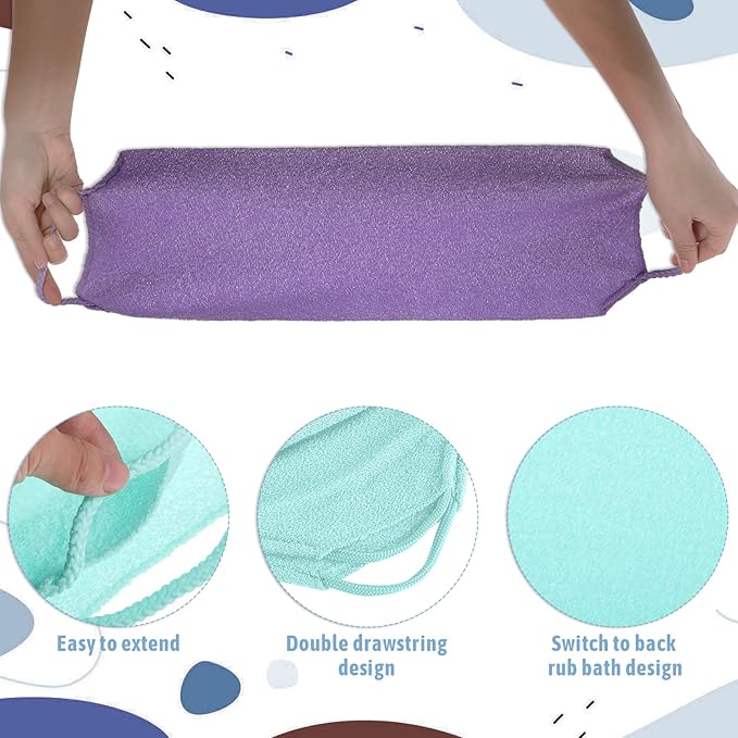 4pcs Exfoliating Back Washers Scrub with Handles Japanese Body Scrubber Cloth Towel for Shower Nylon Back Exfoliator Extended Back Washers Stretchable Body Bath Pull Strap for Cleans Skin Massages