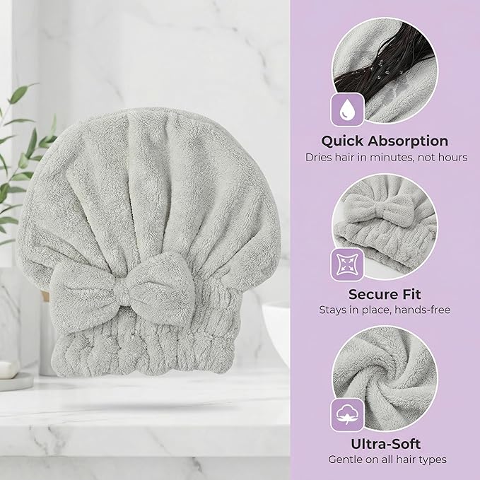 Microfiber Hair Drying Cap, Quick Dry Hair Towel Wrap, Super Absorbent Hair Turban with Bow Design, Soft Shower Head Wrap for Women,Cute Bow Hair Towel Girls Hair Towel ，Anti frizz ，Travel 4pcs