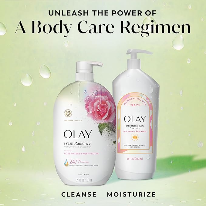 Olay Body Wash for Women, Fresh Radiance, 24/7 Skin-Loving Freshness, Visibly Radiant, Plant Based Cleansers, Vitamin B3 & Antioxidant Blend, All Skin Types, Rose Water & Sweet Nectar Scent, 35 fl oz