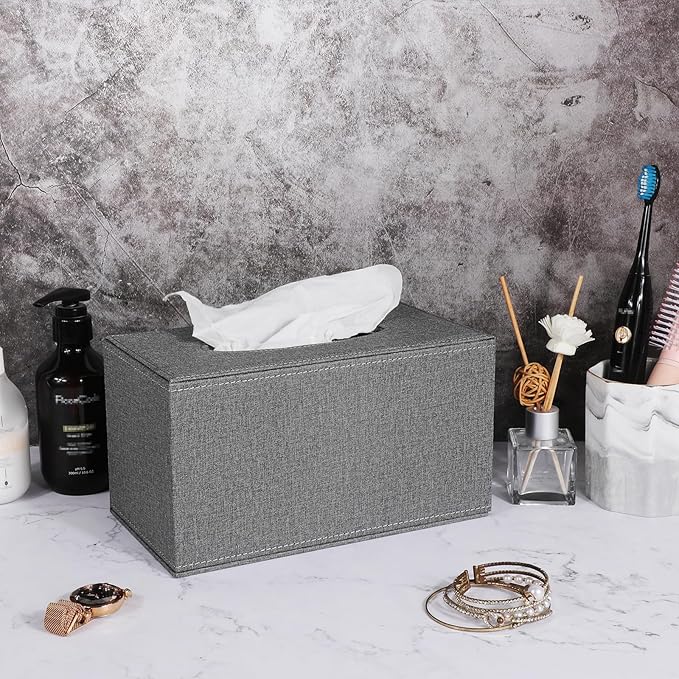 Sumnacon Tissue Box Cover Rectangular Tissue Box Holder Linen Tissue Box with Magnetic Bottom Decorative Grey Tissue Box for Bathroom Toilet Living Room Table Desk Office Car, Large