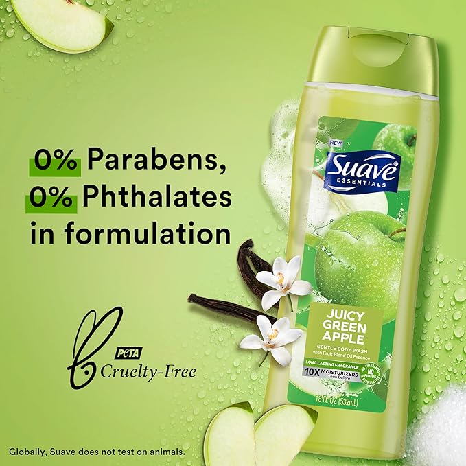 Suave Moisturizing Body Wash, with Juicy Apple and Vitamin E Extract, No Parabens, No Phtahaltes, 18 Oz Pack of 6