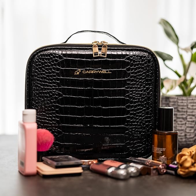 Carrywell Makeup Bag Travel Case, Not-Made In China, Hard Train Case for Cosmetics, Portable Beauty Artists Organizer, Storage Box With Adjustable Dividers For Make Up and Brushes, Small Crocodile
