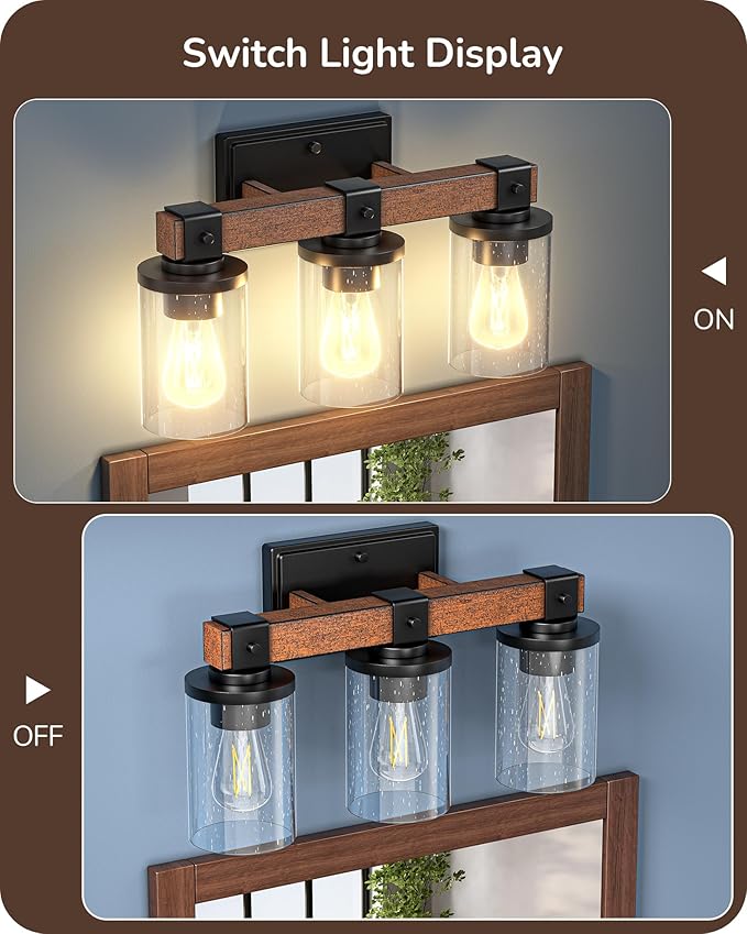 EDISHINE Farmhouse Vanity Lights for Bathroom, 3-Light Bathroom Vanity Light Fixtures Over Mirror, Painted Wood Vintage Bath Wall Sconces Lamp with Bubble Glass Shade for Bedroom, Powder Room