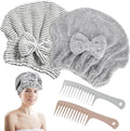2 Pack Microfiber Hair Towel Cap, Quick Drying Cap Soft Absorbent Towel and 2 Combs for Curly Long Thick Dry or Wet Hair (Stripe and Gray)