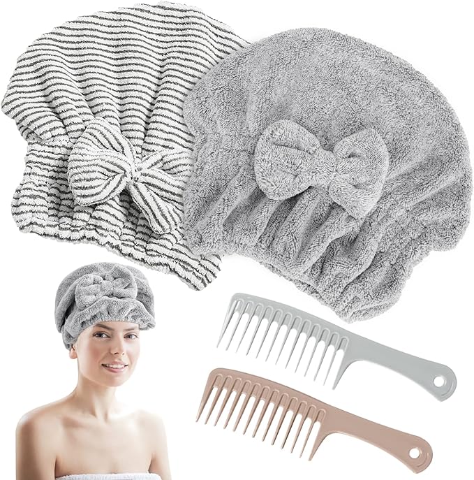 2 Pack Microfiber Hair Towel Cap, Quick Drying Cap Soft Absorbent Towel and 2 Combs for Curly Long Thick Dry or Wet Hair (Stripe and Gray)