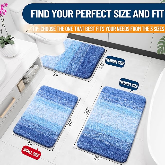 OLANLY Bathroom Rugs Sets 3 Piece, Soft Absorbent Microfiber Bath Mats and U-Shaped Contour Toilet Rug, Plush Shaggy Bath Mat Set for Bathroom (30"x20"+24"x16"+24"x20", Light Royal Blue)