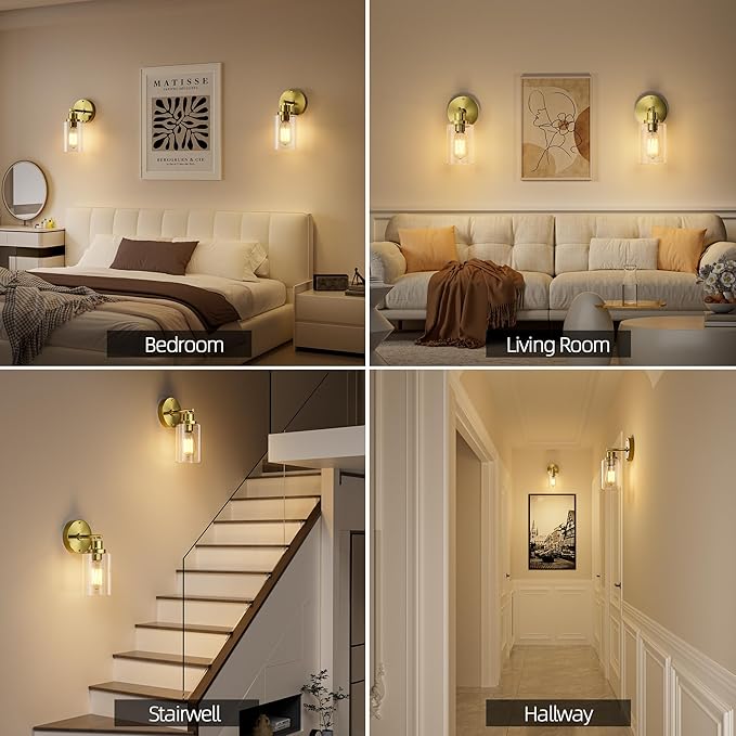 GORDNWE 1-Light Bathroom Wall Sconce, Brushed Gold Vanity Light, Modern Wall Light Fixture with Clear Glass Shade and E26 Bulb Base, Wall Lamp Wall Mount Light Fixtures for Mirror, Bedroom, Hallway