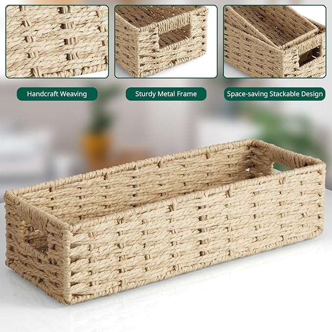 dreamkey Nesting Paper Rope Storage Baskets for Organizing with Handles - Small HandWoven Toilet Paper Basket for Back of Toilet Tank Top - Decorative Storage Baskets, 14 Inch