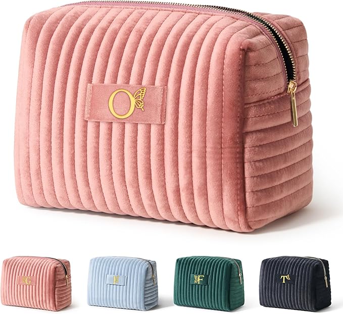 COSHAYSOO Travel Makeup Bag Quilted Make Up Pouch Initial Velvet Cosmetic Case with Butterfly Decor for Young Women 18 19 20 21 22 23 24 25 26 27 28 29 30 40 50 Year Old Birthday Gifts Pink Letter O