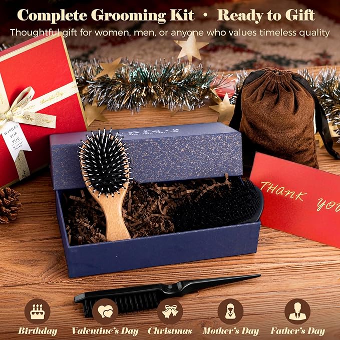 Mini Boar Bristle Hair Brush Since 1965 British Craftsmanship, Handmade Natural Wooden Small Hairbrush, Soft Bristles Gentle Detangling Smoothing Women Men Kids Long Curly Thick,Thin, Fine Hair
