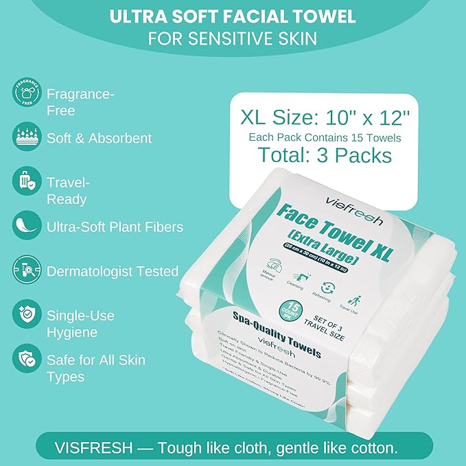 Disposable Face Towel Travel Pack – XL 10"×12" Face Towelettes Disposable, Ultra-Soft & Thick Travel Face Wipes for Sensitive Skin, Makeup Remover Dry Wipes, 15 Towels per Pack – Visfresh (3 Packs)