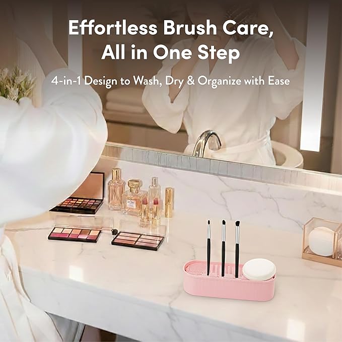 ÉCLAT Makeup Brush Cleaner Mat, 3 in 1 Brush Cleaner Bowl Holder & Cosmetic Tool Organizer Case for Travel, Storage & Air Drying, Portable Make Up Cleaning Tool for Sponges & Powder Puffs (Pink)