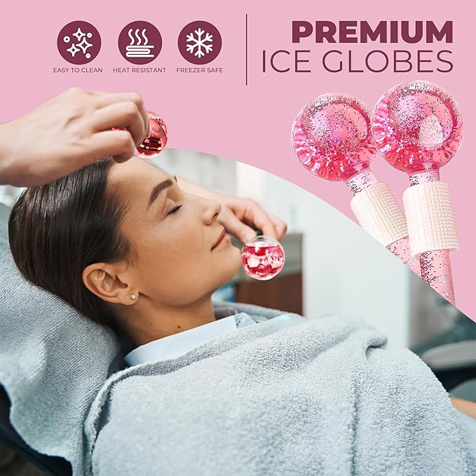 Ice Globes for Face 2Pcs – Freezer Safe Ice Globes for Facials, Skin Tightening & Anti-Aging – Reusable Facial IceGlobes for Reduction of Puffiness & Wrinkles of Face, Neck & Eyes–Pink