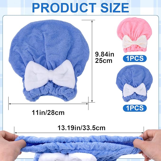 2 Pcs Hair Towel Wrap for Women, Microfiber Quick-Drying Hair Towel, Super Absorbent Soft Towel Wrap for Wet Hair Caps with Bow for Women Bathroom Bag- Pink, Blue