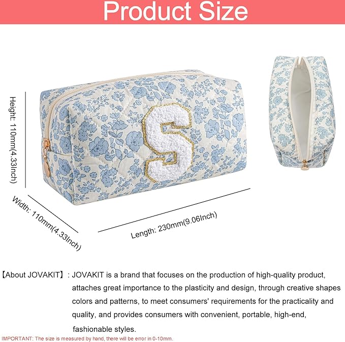 JOVAKIT Alphabet Makeup Bag Cosmetic Bag for Women, Christmas Gifts for Girls Age 6-18, Floral Flowers Coquette Travel Toiletry Zipper Make Up Pouch Organizer Trendy Stuff (Blue Floral S)