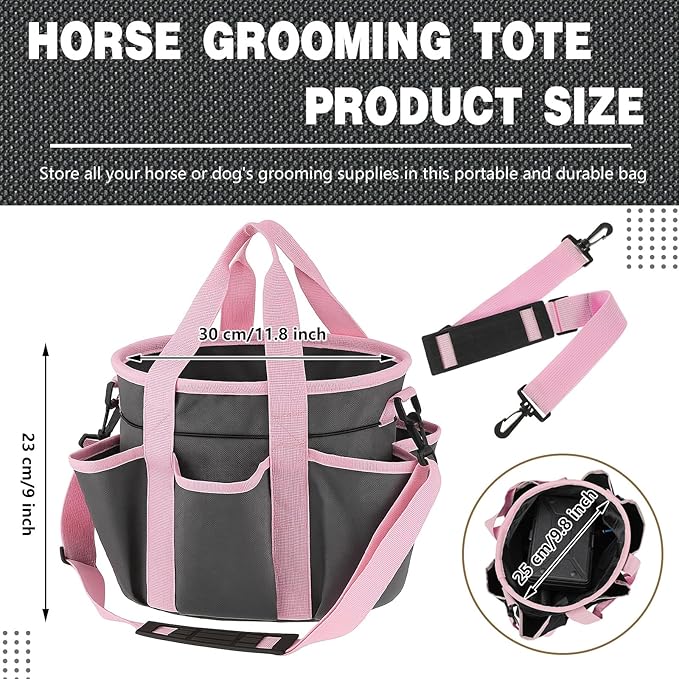 Abbylike Grooming Tote Bag for Horses and Dogs Organize Tack Tools Equestrian Grooming Kit Care Portable with Multiple Pockets for Supplies(Stylish,10.63 x 10.63 x 9.45 Inch,Grey and Pink)