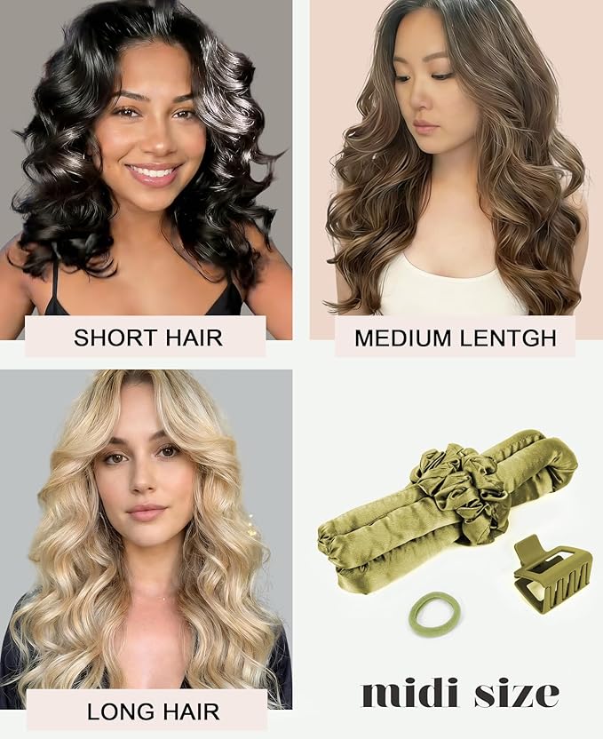 Midi Heatless Curls Overnight Hair Curlers to Sleep In Small Hair Rollers for Short Medium Hair No Heat Overnight Curls, Soft Satin Flexi Rods Heatless Curling Rod Set Styling Tools for Women