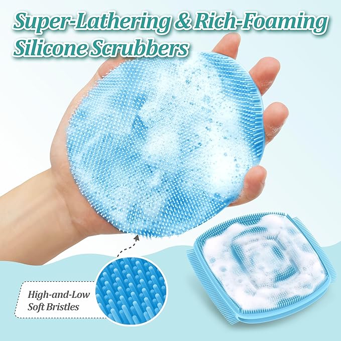 Silicone Bath Glove & Face Scrubber Set 2PCS, 360° Anti-Slip & Hand-fit Body Scrubber for Rich Foaming Deep Cleaning, Unique Facial Scrubber with Side-bristles for Contoured Areas.(Blue)