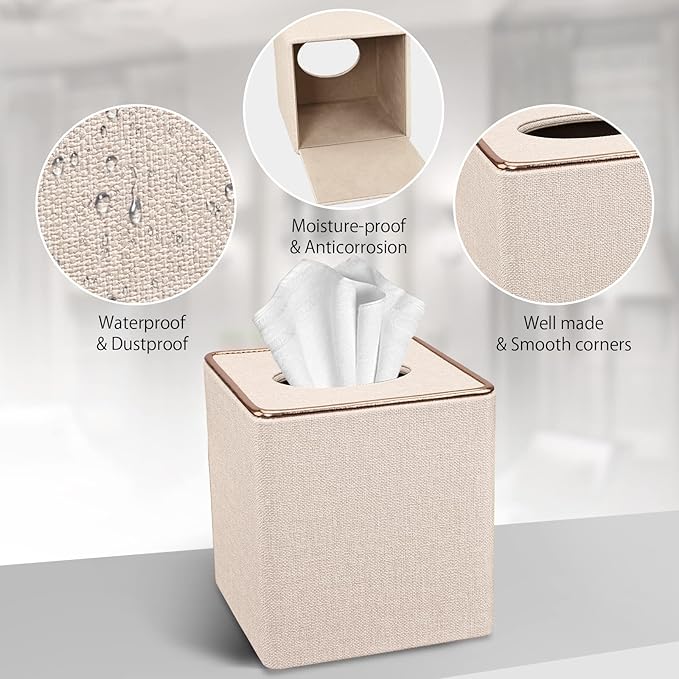 Tissue Box Cover, PU Leather Tissue Box Holder Square Box Covers for Home/Office/Car Decoration 5.3"X5.3"X5.8" - Beige