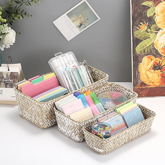 3 Natural Wicker Baskets Set Rectangular Handwoven Seagrass Basket Storage Bins Home Organizer Bins - Household Basket Box for Shelf Wardrobe Desktop Home Decor (Whitewash)