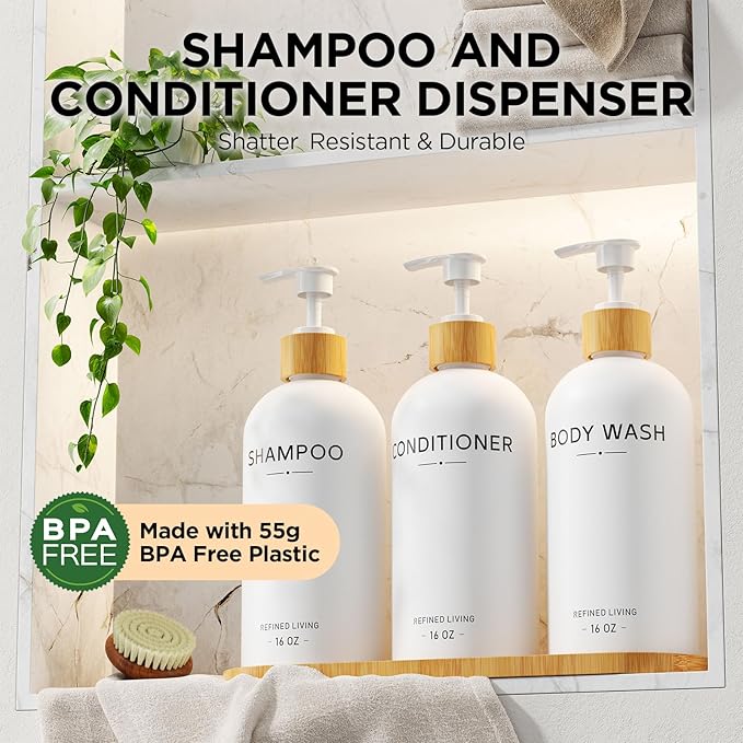 Shampoo and Conditioner Dispenser Set,Shower Soap Dispenser for Bathroom,Refillable Shampoo and Conditioner Bottles with Bamboo Pump and Tray,Soap Dispenser Bathroom for Shower (White, 3-Pack)