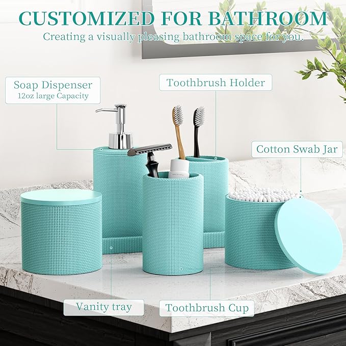 6-Piece Teal Blue Bathroom Set - Mesh Textured Resin Bathroom Accessories Set with Soap Dispenser, Toothbrush Holder, Cup, Vanity Tray & Apothecary Jars for Small Spaces