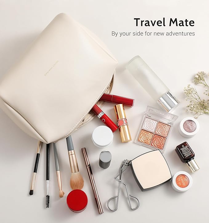 Aveniee Travel Makeup Bag, Large Toiletry Bag for Women, Vegan Leather Travel Pouches Case, Make Up Bag for Travel Essentials Brushes, Cosmetic Bag Purse Organizer with Divider and Gold Zippers(Cream)
