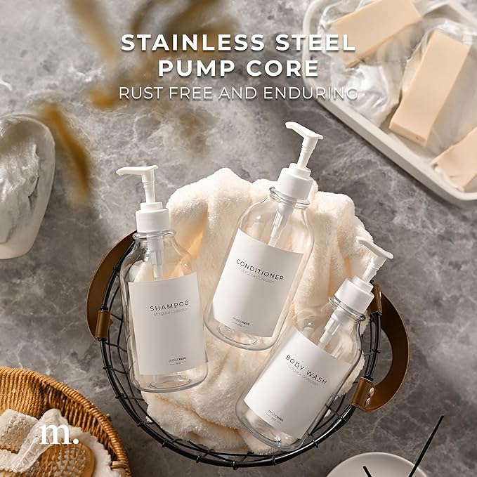 MaisoNovo Refillable Shampoo and Conditioner Bottles - 16.9 fl oz Set of 3 Clear Plastic Bottles White Pumps