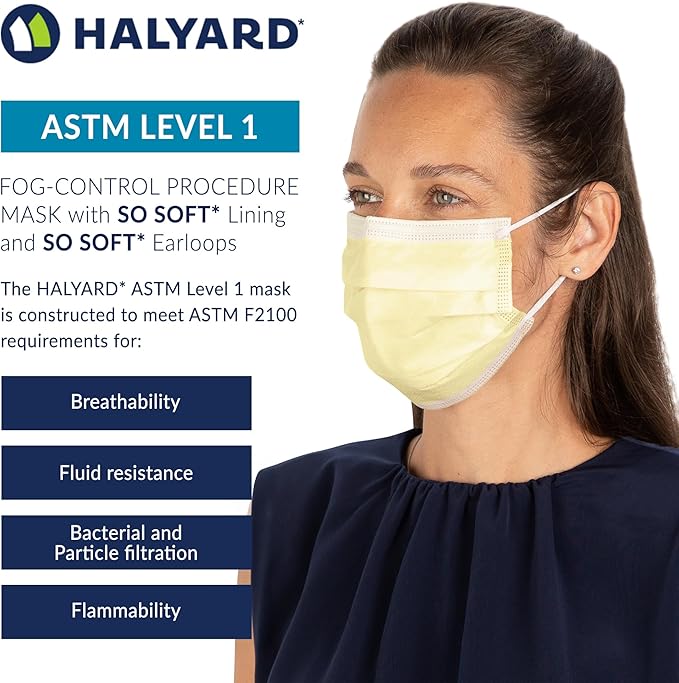 HALYARD Level 1 Disposable Procedure Mask, Earloops, Yellow, 47567