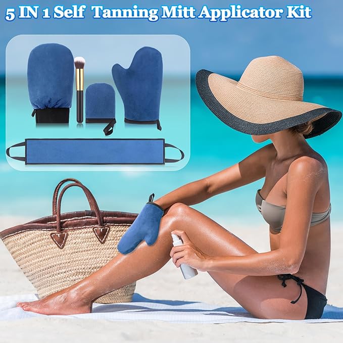 Boao 5 Pieces Self Tanning Mitt Applicator Kit, Includes Tanning Mitt, Exfoliating Glove, Mini Face Glove, Back Lotion Applicator, and Large Brush Makeup (Navy Blue)