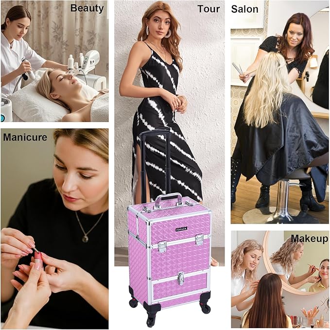 TOPACK Rolling Makeup Train Case,Professional Cosmetology Case on Wheels,Large Cosmetic Organizer Trolley Case,Makeup Travel Case with Draws,Nail Artist Hairstylist Storage Traveling Cart Trunk,Pink