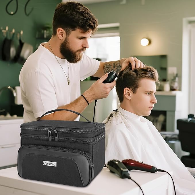 CURMIO Travel Carrying Case for Hair Clipper, Double Layer Barber Supplies Hair Cutting Tools Storage Bag Compatible with Ufree/Wahl/Andis/Hatteker/Osterpro and Most Standard Men Hair Trimmer