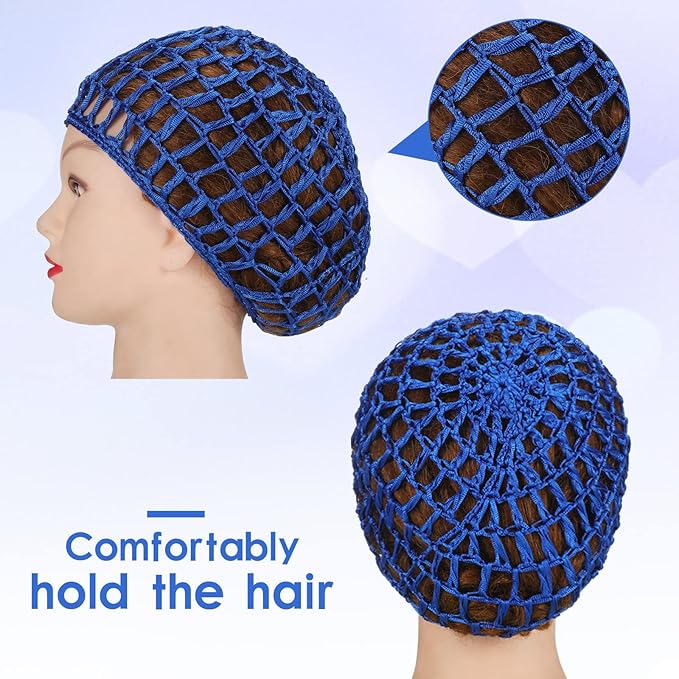 Geyoga 4 Pieces Mesh Crochet Hair Net Rayon Knit Snood Hat Thick Short Women Hairnet Snoods Cover Ornament for Sleeping (Black, Blue)