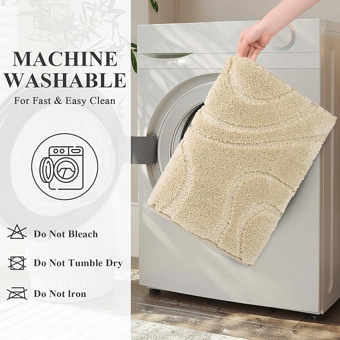 HEBE Bathroom Rugs Sets 5 Piece, Soft Absorbent Microfiber Bath Mat for Bathroom, Non Slip Washable Bath Rug Set with Toilet Cover, Bath Runner and U-Shaped Contour Toilet Rug, Beige