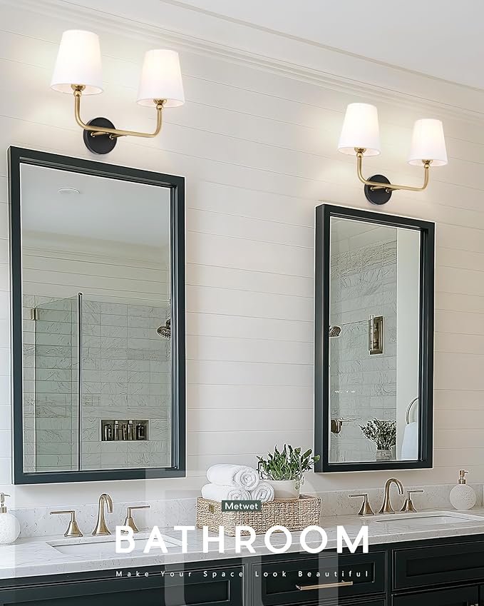 2-Light Bathroom Light Fixtures, Black and Gold Vanity Lights, Double Wall Sconce with Flared White Fabric Shade, Modern Sconces Wall Lighting for Hallway Bedroom Stairway, VL837-KG-2