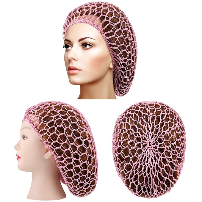 Waydress 2 Pieces Mesh Hair Net Rayon Knit Snood Women Crocheted Sleep Cap (Pink)