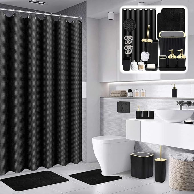 Bathroom Set with Shower Curtain and Rugs- 25PC Bathroom Accessory Set, Black Shower Curtain Set, Toilet Brush, Trash Can, Qtip Holder & Soap Dispenser