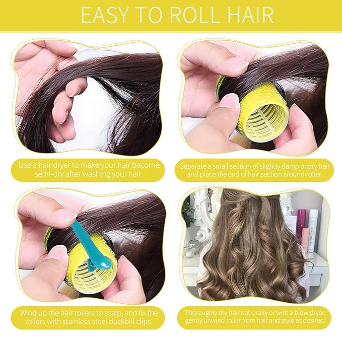Hair Rollers, 12 Pack Self Grip Salon Hairdressing Curlers, DIY Curly Hairstyle, Large Rollers 1.57In Yellow
