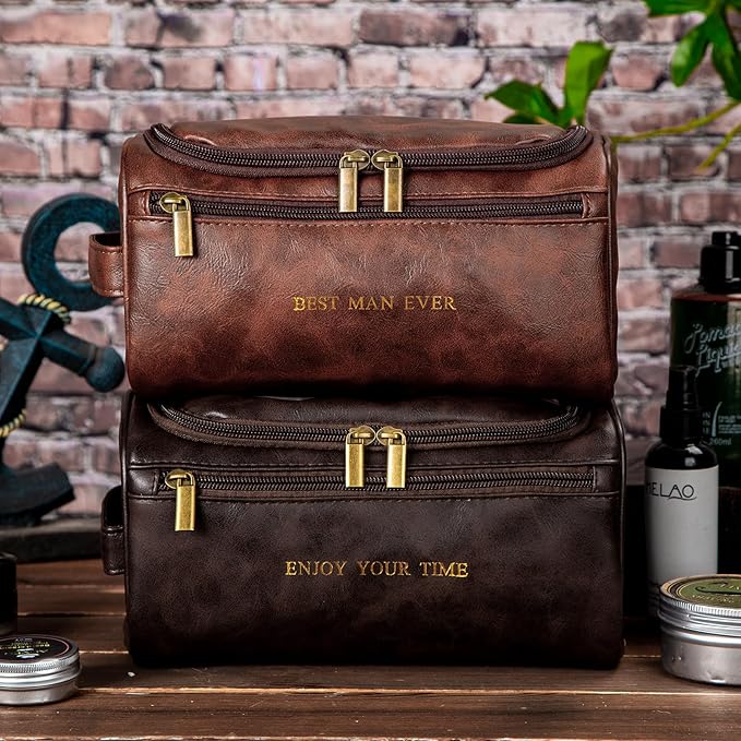 Flycalf Mens Toiletry Travel Bag Customized Mens Leather Toiletries Grooming Bag for Men Shaving Bag Hanging Water Resistant Organizer (Coffee)