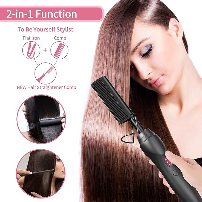 Electric Hot Comb Hair Straightener - Pressing Combs, Ceramic Hair Straightening Comb, Curling Iron for Natural Black Hair Men Beard or Holiday Gift - Black