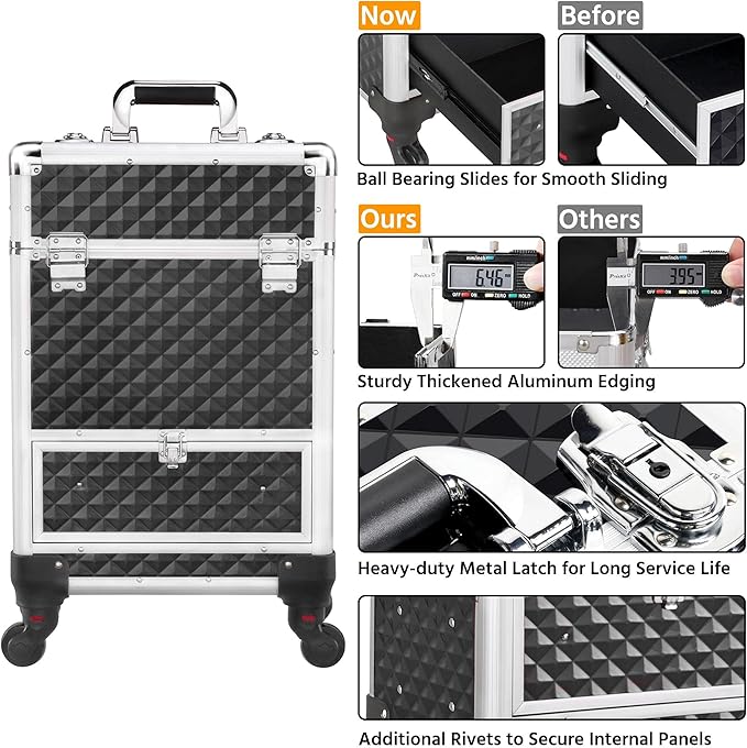 Yaheetech Rolling Makeup Train Case Aluminum Cosmetic Case with Wheels Barber Case Salon Lockable Travel Trolley with Sliding Drawers Removable Divider, Black/Silver